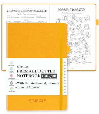 SIMSIMY Premade Bullet Dotted Journal Notebook Premade Dot Grid Journaling with Undated Weekly Monthly Planner Various Trackers Lasts 1 Year A5