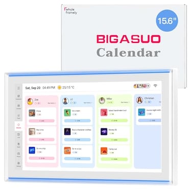 BIGASUO 156 Inch Family Digital Calendar Chore Chart Meal Planner Photo Display FHD Interactive Touchscreen with LED Reminder Wall Desk Mount Smart Electronic Planner