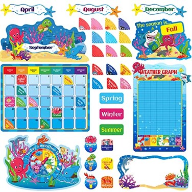 Eersida 90 Pcs Sea Calendar Bulletin Board Set Pocket Chart Seasons Weather Chart Ocean Theme Classroom Decor Monthly Calendar for School Classroom Home Decoration