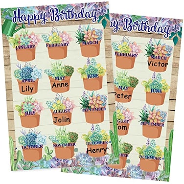 Wiooffen Happy Birthday Chart for Classroom 2Pcs Birthday Poster Decoration 17 x 12 Birthday Succulents Calendar Cutouts for School Bulletin Board Chalkboards Wall Decor