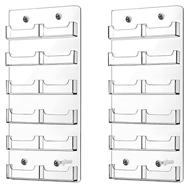 Qunclay 2 Pack 12 Pocket Acrylic Business Card Holder Wall Mount Clear Sticker Display Rack Vertical Multiple Gift Card Rack Display Stand for Home Documents Brochures Hanging Organizing Office Table
