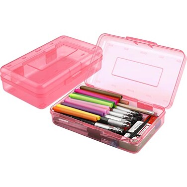 BOEIAC Pencil Box Large Capacity Clear Pencil Case 1 Pack Hard Pencil Case Clear Crayon Box with Snaptight Lid Stackable Design Plastic Storage Box for Office Supplies Pink