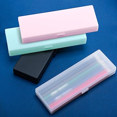 Chinco 4 Pieces Plastic Pencil Case Plastic Stationery Case with Hinged Lid and Snap Closure for Pencils Pens Drill Bits Office Supplies Black Pink White Green