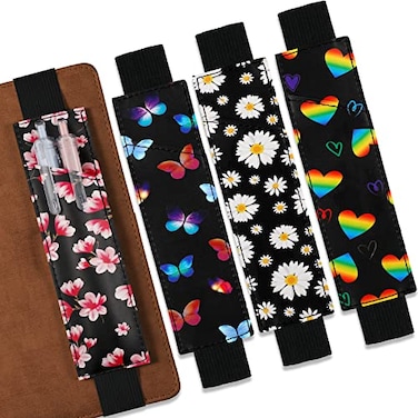 Crtiin 4 Pieces Adjustable Elastic Band Pen Holder PU Leather Pen Sleeve Pouch Pencil Holder for Planners Journals Notebooks Back to School GiftFlower