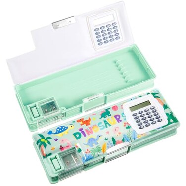 Henoyso Multifunctional Pencil Box for Boys Dinosaur Pencil Case with Calculator and Sharpener Cool Cute Pencilcase School Supplies Essentials 2026 Back to School Gift Birthday Present for Kids Teens