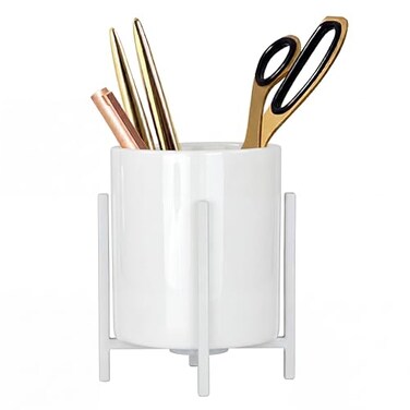 MONOSUGO Ceramic Pen Holder for Desk Durable Ceramic Pencil Cup Holder for Womens Girls Makeup Cup for Brushes with 4 Legs Metal Frame