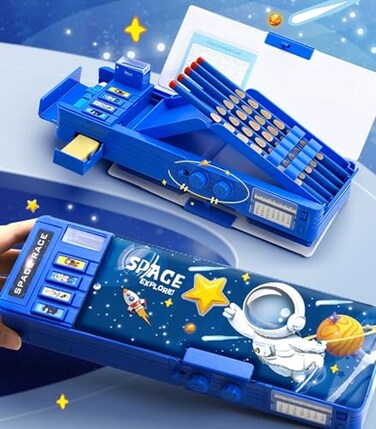 ASMANNA Pop up Multifunction Pencil Case for Kids Unique Stationery Set School Supplies Astronaut Pen Box for School Students Cute Pencil box for Boys with Sharpener Password Lock Schedule WhiteboardB
