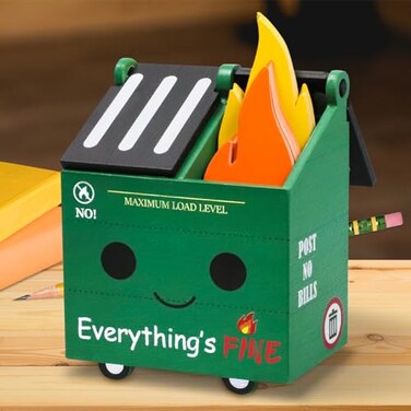 PUNICA Dumpster Fire Pencil Holder with 100 Pcs Flame Note Cards Funny Office Desk Accessories Decor Great Gifts for Coworkers Teacher Green Already Assembled