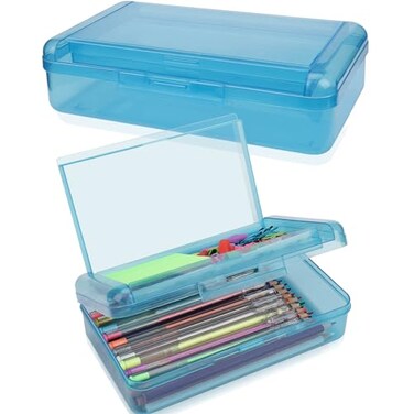 SFLHHDM Large Pencil Box Double Layer Capacity Pencils Holders Clear Hard Pen Case with Snaptight Lid Plastic Pencil Case for Office School Pen Boxes Storage School Box Navy Blue1pcs