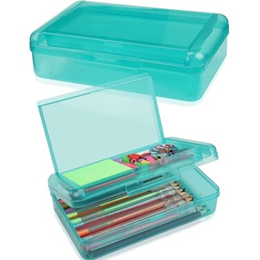 SFLHHDM Large Pencil Box Double Layer Capacity Pencils Holders Clear Hard Pen Case with Snaptight Lid Plastic Pencil Case for School Pen Boxes Storage School Box Turquoise Green1pcs