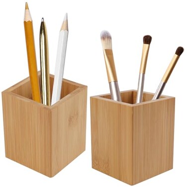 Tosnail 2 Pack Bamboo Pen Holder Pencil Holder for Desk Makeup Brush Organizer Marker Pen Storage Cup for Office School and Home