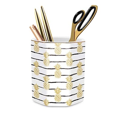 WAVEYU Pen Holder Pencil Holder for Desk Pineapple Pattern Pencil Cup for Girls Kids Durable Ceramic Desk Organizer Makeup Brush Holder for Office Classroom Home Yellow Pineapple