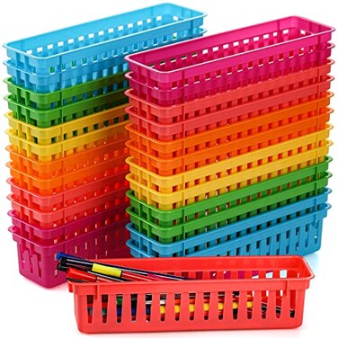 ZEAYEA 24 Pack Classroom Storage Baskets Classroom Pencil Organizer Baskets for Desk Drawer Plastic Pen and Pencil Basket Trays Crayon Basket for Office Home 93 L x 22 W x 24 H