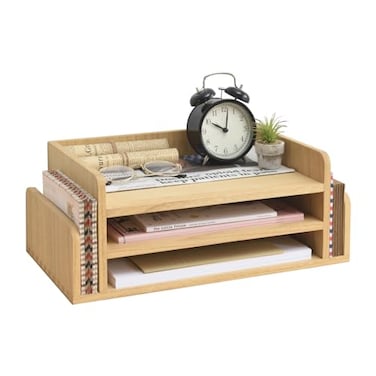 KIRIGEN Wood Desk Organizer 5 Trays 3Tier Desktop Document Letter Tray with Side Slots Fully Assembled Mail Sorter and File Folder Holder for Home Office Natural 2TPNA