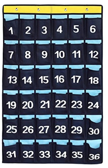 ANIZER Numbered Pocket Chart Over Door Hanging Classroom Organizer for Cell Phones Calculators Holders Blue 36 POCKETS