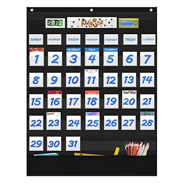 EAMAY Eamay Classroom Monthly Calendar Pocket Chart with 45 Pocket 3 Storage Pockets for Easy Wall or Stand Chart Black