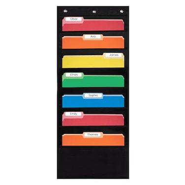 Essex Wares 7 Pocket File Pocket Chart Black Tall Versatile Wall Hanging File Folder Organizer for Classroom Office Home and More Wall Folder Organizer 7 Pockets
