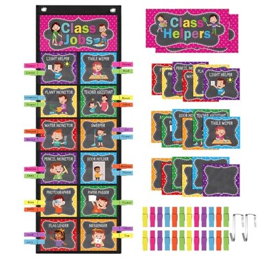 Pasimy Class Jobs Pocket Chart Class Helpers Pocket Chart Classroom Jobs Cards with Clips and Hooks Teacher Helper Bulletin Board Set for Back to School Classroom Teacher SuppliesChalkboard Bright