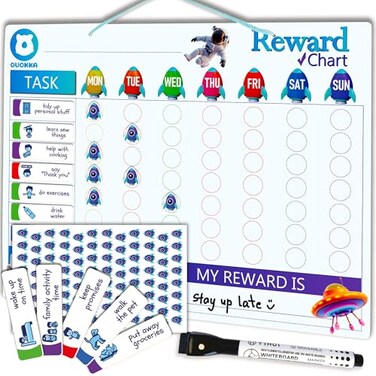 QUOKKA Magnetic Behavior Chore Chart for Kids at Home Blue Reward Visual Schedule Chart Dry and Erase Routine and Responsibility Use 99 Magnets Markers Stickers from Toddlers to Teens