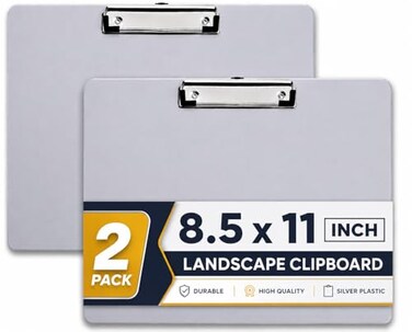 1InTheOffice Landscape Clipboard Horizontal Clipboard 8 12 x 11 Plastic Silver 2 Pack