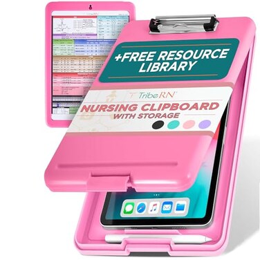 Tribe RN Nursing Clipboard with Storage Medical Clipboard Nursing Essentials for Nurses and Nursing Students School Supplies with Quick Access Reference Guide Pink