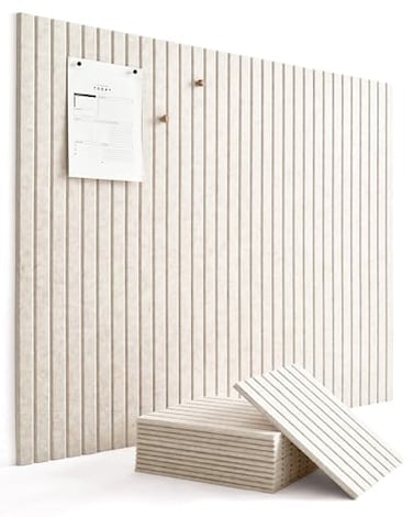 VIVELDA Large Felt Bulletin Board 48 x 36 Inch 12Pack Square Acoustic Wall Panels Cork Board Alternative NRC 095 DamageFree Adhesive Slatted Design for Home Classroom Limestone