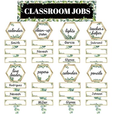 Qyeahkj 116pcs Eucalyptus Classroom Jobs Bulletin Board Set Classroom Teachers Helper Charts Eucalyptus Cutouts Name Plates Kits Decorations for Bulletin Boards Wall Classrooms Preschool