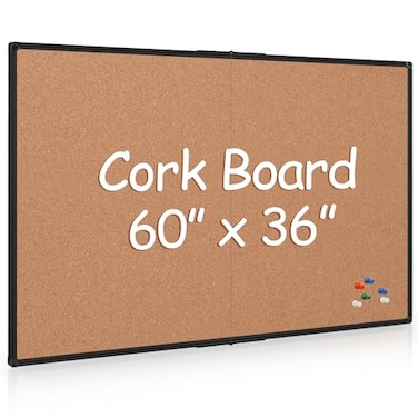 Board2by Extra Large Cork Bulletin Board 60 X 36 Foldable Notice Pin Board for Wall Black Aluminum Framed 5x3 Corkboard Wall Mounted Noticeboard with 36 Push Pins for School Home Office