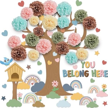 Justforjoyful Boho Tree Classroom Bulletin Board Set with 3D Tissue Paper Flower You Belong Here Classroom Decorations Boho Rainbow Heart Paper Cutouts for Back to School Chalkboard Nursery Home Door