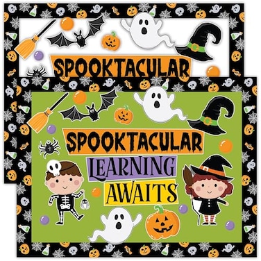 Decorably 76 Pcs Cutouts Halloween Bulletin Board Decorations Set with Background Papers Borders Halloween Cutouts for Bulletin Board School Hallways Home Study Room