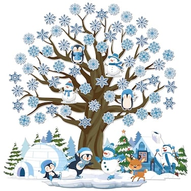 Glenmal 85 Pcs Winter Bulletin Board Decorations Wonderland Paper Cutouts for Classroom Snowflake Snowman Cutouts with Glue Point Bulletin Board Decor for Christmas Party DecorSnowflake