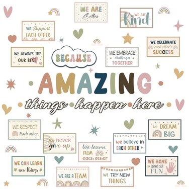 Humyoun 62 Pcs Classroom Boho Bulletin Board Decorations Amazing Things Happen Here Bulletin Board Positive Encouraging Paper Cutouts for Classroom School Elementary Home Office Wall Decor