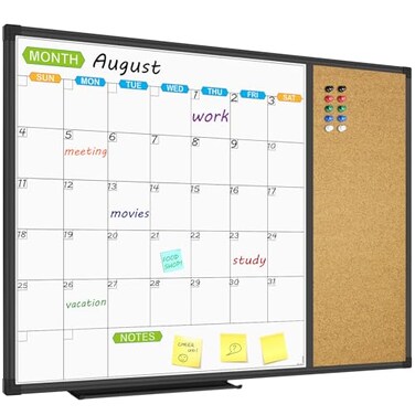 JILoffice Magnetic Calendar Whiteboard Bulletin Corkboard Combination Combo Board 28 x 20 Inch Black Aluminum Frame Wall Mounted Board for Office Home and School with 10 Push Pins