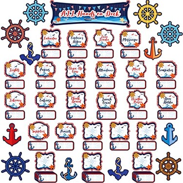 Junkin 73 Pcs Nautical Classroom Jobs Chart Ocean Bulletin Board Border Classroom Decor Mini Nautical Board Border All Hands on Deck Bulletin Borders Teachers Helper Pocket Chart for Back School