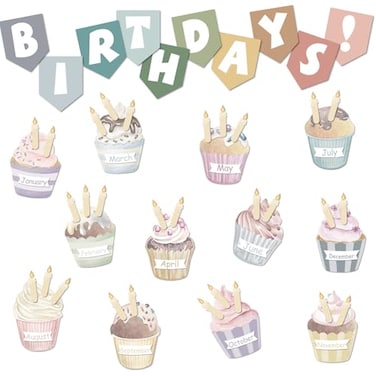 Mooliwe 72 Pcs Birthday Bulletin Board Decorations Pastel Classroom Decor Birthdays Chart Set Calendar Cupcake Candle Banner Cutouts for School Office Chalkboard Wall Decor