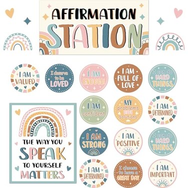 Naozinebi 32 PCS Boho Affirmation Station Bulletin Board Set Positive Posters for Classroom Growth Mindset Decorations Inspirational Motivational Accent Cutouts for Home School Teacher Wall Supplies