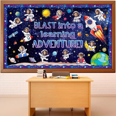Pajean Space Bulletin Board Outer Space Classroom Decorations Blast into a Learning Adventure Cutouts for Back to School First Day Window Door Wall Elementary Preschool Teacher Supplies