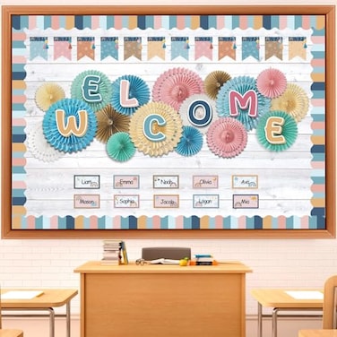 Qilery Welcome Bulletin Board Sets Welcome Back Classroom Decorations Bulletin Board Nameplate Cutout Paper Fans Banner for Back to School Chalkboard Wall DecorMacaron