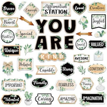 Weekgrat 45 Pcs Eucalyptus Affirmation Station Bulletin Board Set Motivational Posters Classroom Mirror Growth Mindset Decor Positive Affirmations Accents Cutouts for School Office Home Teacher Wall