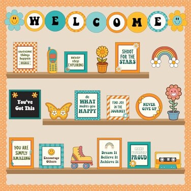 VABAMNA Welcome Back to School Bulletin Board Decorations Hippie Retro Classroom Decorations Motivational Bookshelf Cutouts Groovy Bulletin Board Set for Classroom School Office Door Wall Decor