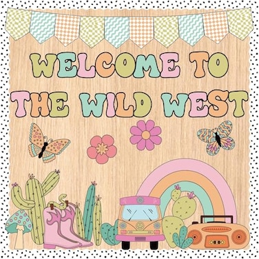 VABAMNA Welcome Bulletin Board Decorations Set Groovy Wild Western Classroom Decorations Cacti Bus Rainbow Cutouts for Welcome Back to School Teachers Supplies Classroom Door Wall Decor