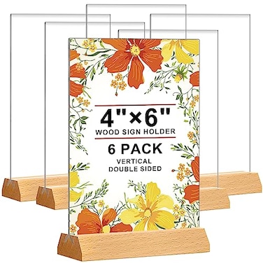 DunGu Acrylic Sign Holder 4 x 6 Wedding Table Number Holder with Wood Base Double Sided Picture Frames 6Pack Clear Table Menu Display Stand for CenterpieceDecorationPartyRestaurants Office Store