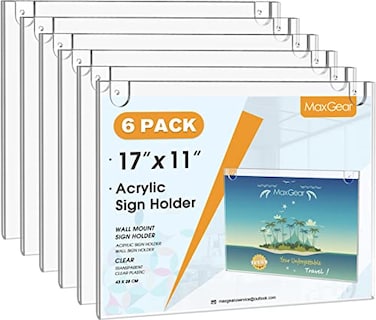 MaxGear Acrylic Sign Holder 11 x 17 Inch Wall Mount Sign Holders Clear Plastic Picture Frame with Adhesive Tapes and Mounting Screws for Office Home Store Restaurant Landscape 6 Pack