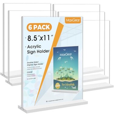MaxGear Acrylic Sign Holder 85x11 6 Pack Double Sided Clear Table Stand Vertical Flyer Holder Plastic Frame Display for Picture Stores Restaurants Hotels Office T Shape