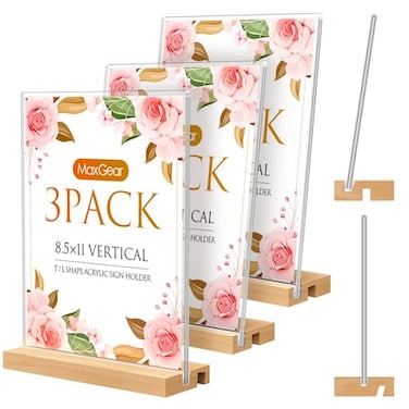 MaxGear LT Shape Acrylic Sign Holder 85 X 11 Clear Table Display Stand with Wooden Base Flyer Menu Holder Photo Frames Paper Stand for Office Wedding Restaurants Hotels 3 Pack