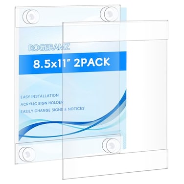 rogeramz 85 x 11 Acrylic Sign Holder with 12 Suction Cups Clear Plastic Window Sign Holder Wall Mount Advertising Frames for Glass Doors Perfect for Malls Offices Homes Stores and Restaurants 2 Pack