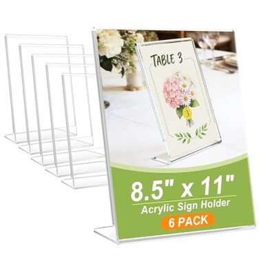 SVOPY 6 Pack Acrylic Sign Stand Holders 85 x 11 Clear Plastic L Shape Table Paper Display Stand Suit for Displaying Posters Picture Flyers Menu