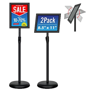 VAIIGO 2Pack 85x11 Inch Adjustable Pedestal Poster Sign Stand Heavy Duty Floor Standing Sign Holder Stand Aluminum Snap Open Frame for Vertical and Horizontal View Sign DisplayedBlack