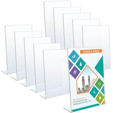 Jetec 10 Pieces 4 x 6 Inch Slant Back Acrylic Sign Holder Clear Slanted Table Display Stand for Table Top Sign Vertical Menu Flyer Picture Frame Holder for Restaurants Stores Office Hotels Desktop