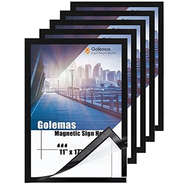 Golemas Magnetic Sign Holder 11 x 17 Wall Mount Self Adhesive Document Display Frames Double Sided Display for Glass Window Black 5pack